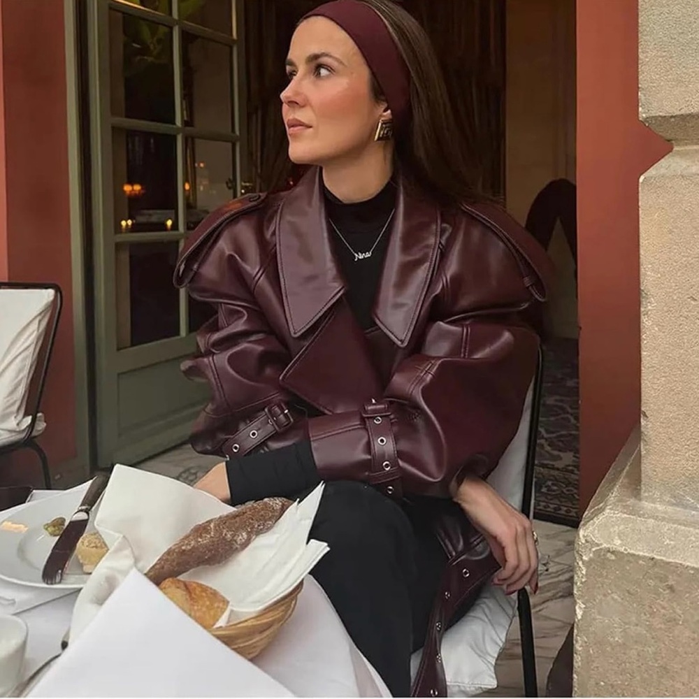 Wine colored faux leather oversized motorcycle jacket - Picture 6 of 7
